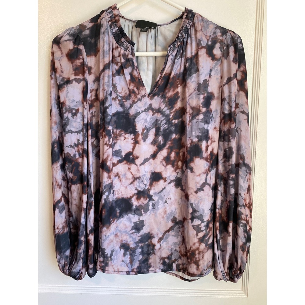 Greylin Abstract Tie Dye Ruffle Neck Balloon Sleeve Blouse Mauve Brown XS